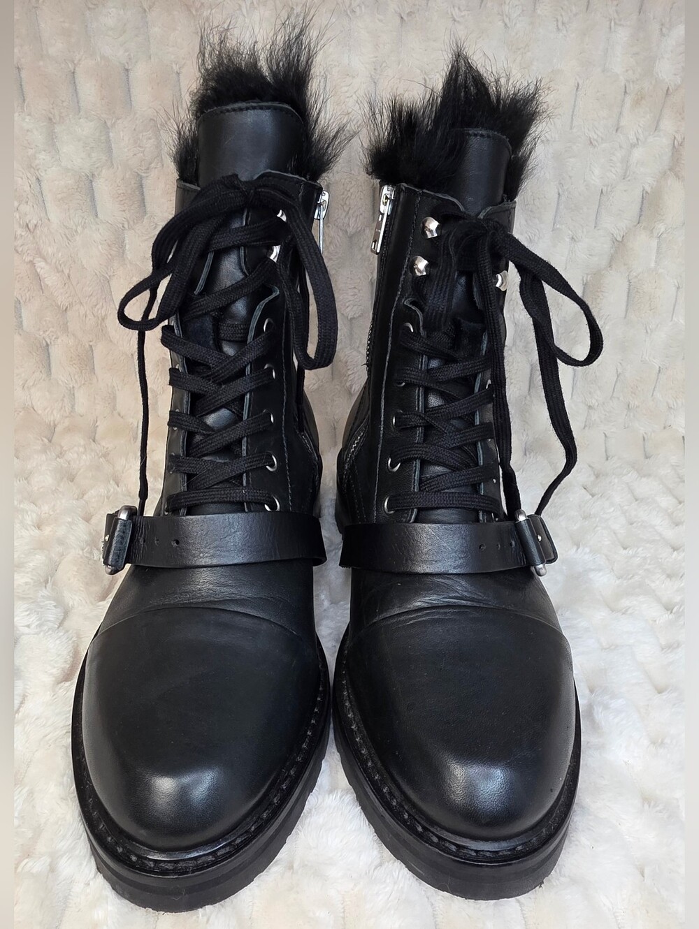 ALLSAINTS Black Leather Shearling Donita Combat Boots - Picture 7 of 11